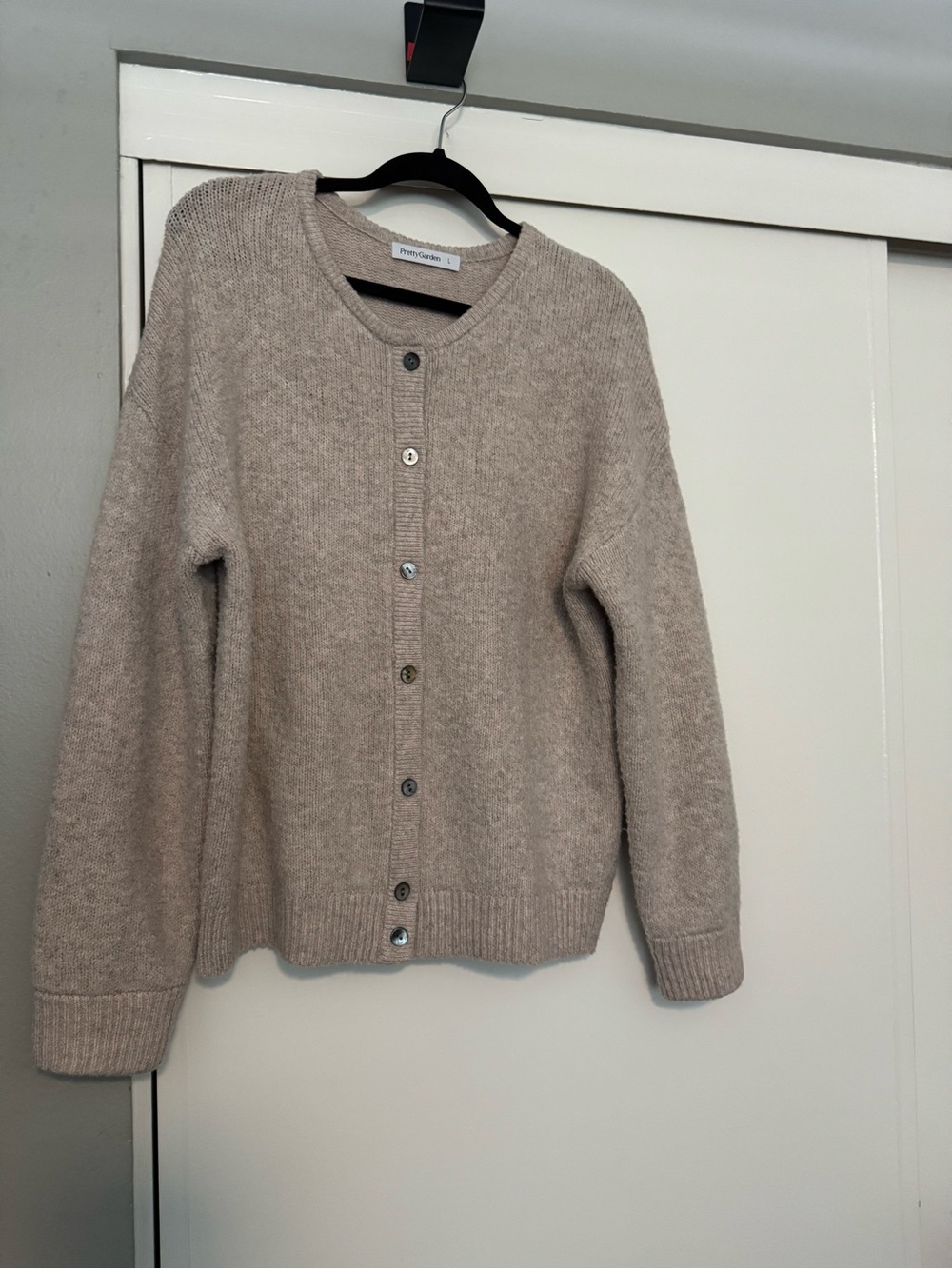 Button-Front Knit Cardigan Sweater in Taupe